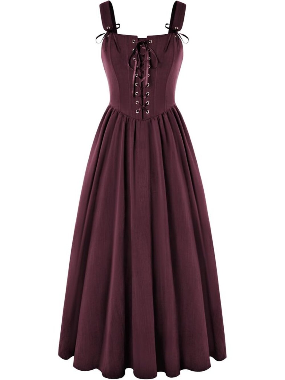 Women's Dark Red Cottage Core Long Sleeveless Lace Up Imported Costume Dress